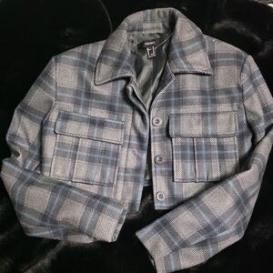 Gray and Blue Plaid Cropped Jacket